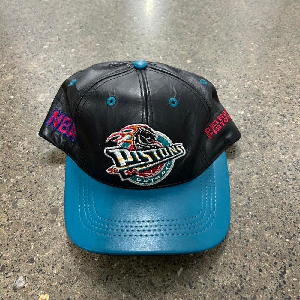 Vintage 90s Jeff Hamilton Detroit Pistons Leather SnapBack Hat NBA Cap
